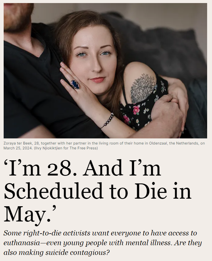 تقرير عن ازدياد حالات ما يُسمى بـ (القتل الرحيم) في هولندا وعن الأسباب التافهة التي يختار الناس فيها إنهاء حياتهم...

التقرير اختار حالة من الحالات وهي فتاة هولندية اسمها "تير بيك" 28 عام، كانت تطمح لتصبح طبيبة لكنها لم تستطع إكمال تعليمها أو حتى إيجاد وظيفة فأصيبت بالاكتئاب وبعد