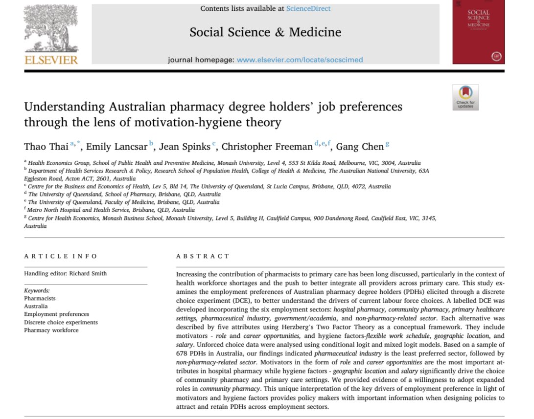 We (@ThaoThai7, @JeanMSpinks, etal) looked at 678 Australian #pharmacists job preferences through the lens of motivation-hygiene theory. Here is what we found: sciencedirect.com/science/articl…