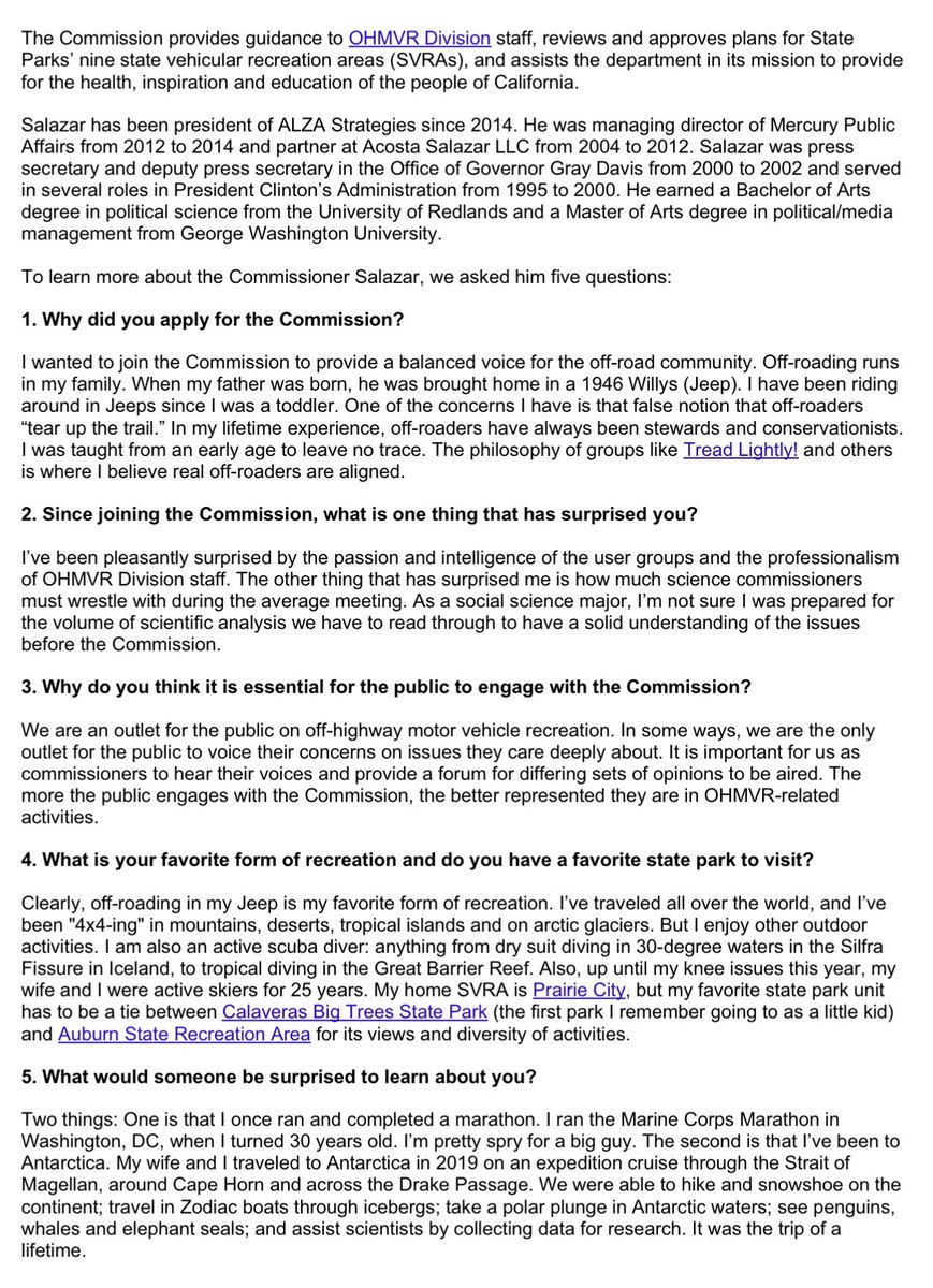Thank you to @CAStateParks’ Kevin Murphy for including me as part of the “Meet Your Commissioner” series in the State Parks Weekly Digest. @CAStateParksOHV bit.ly/WeeklyDigestMa…