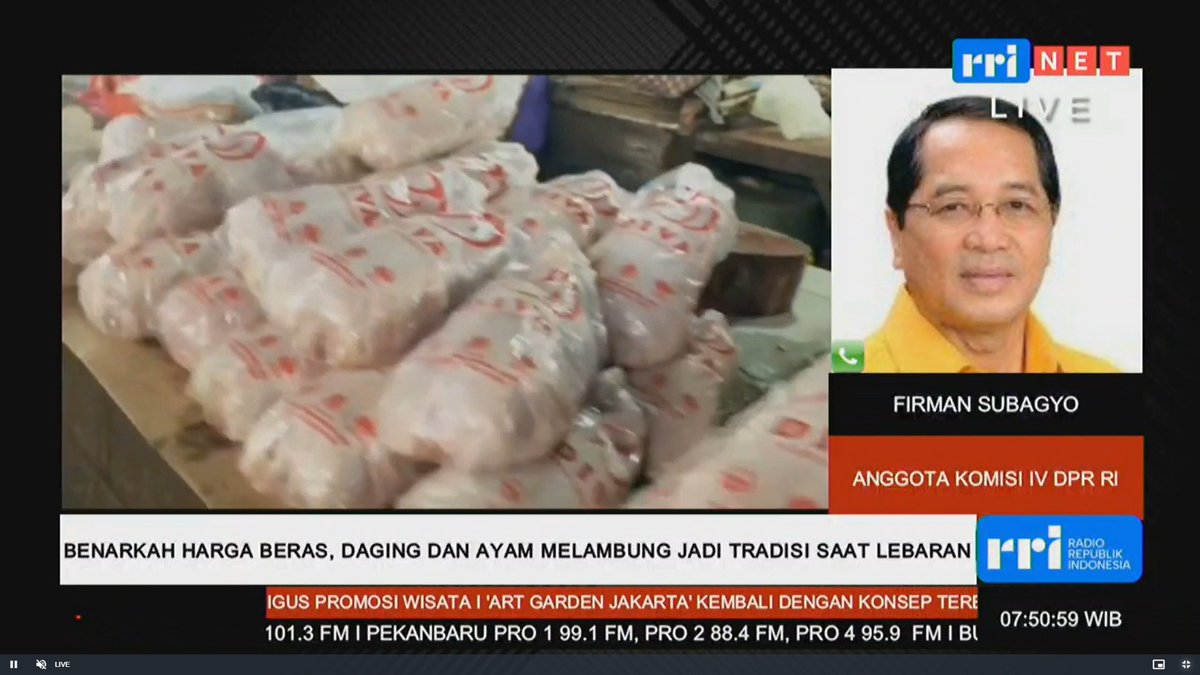 RRIPrograma3's tweet photo. #live
Saat ini sedang berlangsung wawancara dengan Topik Benarkah Harga Beras dan Daging Melambung Jadi Tradisi Lebaran? bersama Firman Subagyo- Anggota Komisi IV DPR RI yg dipandu oleh Risty Rustarto.
Selengkapnya dengarkan di 88,8FM & RRI Digital.
#IMPagi https://t.co/IEGFNSqlBh