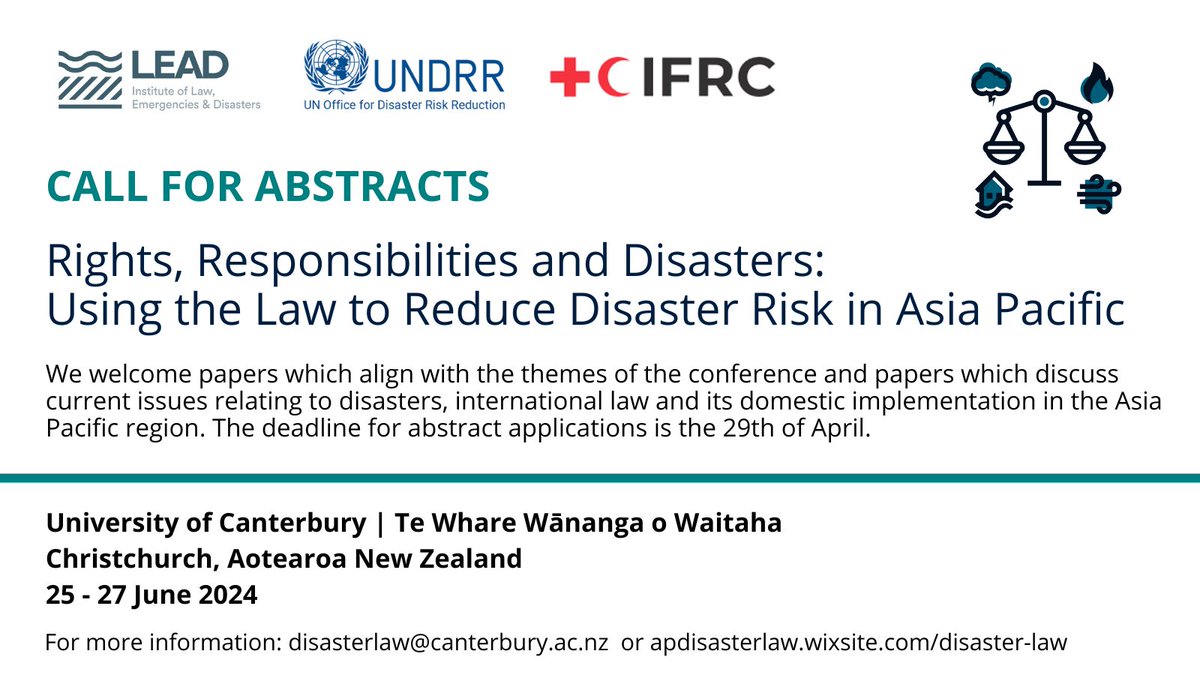 Disaster_Law's tweet photo. 📢We are very excited to announce the call for abstracts is now open for our upcoming conference! 

Click below for more info and see you in Aotearoa New Zealand! https://t.co/cl1hWO9uAc https://t.co/BRGHdVNIUc