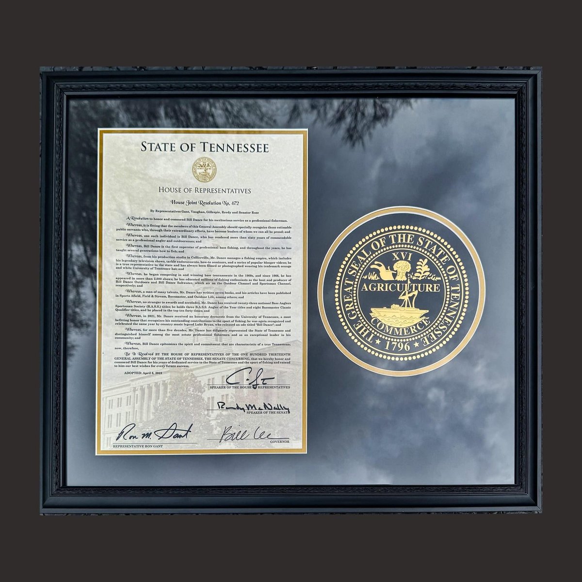 Bill_Dance1's tweet photo. On Monday, Bill had the privilege of being recognized by the TN House and Senate in the form of a joint resolution for his unwavering and longtime dedication to the state of Tennessee as a whole.

#GBO
#BillDanceSignatureLakes
#GovBillLee 
#CameronSexton 
#RandyMcNally 
#RonGant https://t.co/NccluNO15t