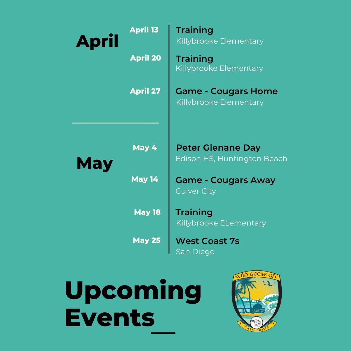 Calling all Geese to save the dates!

Our schedule for the first half of the season is out. The schedule is subject to change, aiming to have us peaking in time for another successful West Coast Sevens tournament.