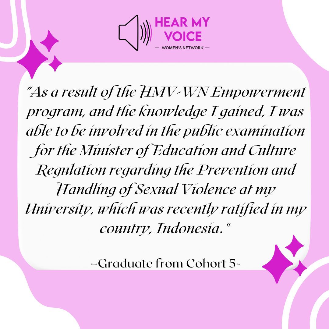 Thanks to the HMV-WN Empowerment program, they played a key role in shaping new regulations to prevent and handle sexual violence at their university! This is exactly why we do what we do - empowering changemakers! #HearMyVoice #WomenEmpowerment #GenderEquality #SocialJustice