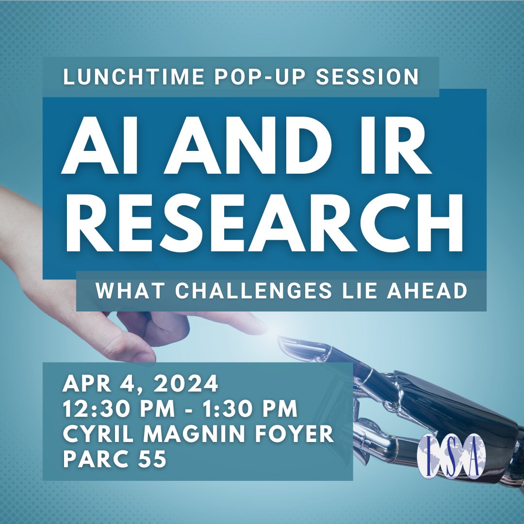 Join @leogoretti tomorrow for an #ISA2024 pop-up session to discuss the upcoming challenges in #AI and #IR research, from the AI tools available and the dos and don'ts in the #Research process, to operationalization and its impact on scholarly #Diversity.