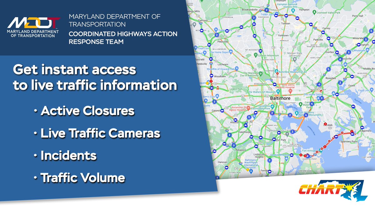 MDSHA's tweet image. Use our traffic information site to plan the best route to work in light of the Key Bridge collapse. 
View here: ow.ly/yIm250R80jz 
#KeyBridgeNews