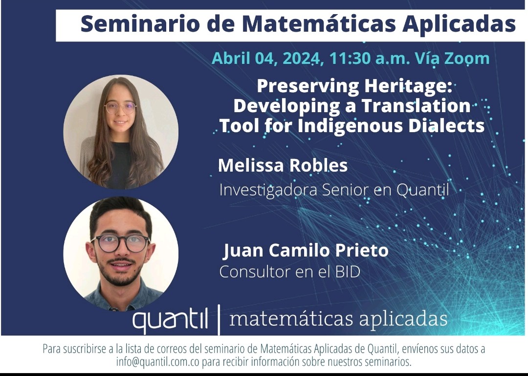 No se pueden perder la presentación de un traductor 🔠 Español-Wayuunaiki (lengua  Wayúu) y otras lenguas indígenas. 

creado por los más cracks Melissa (becada en la maestría de IA por Google -deepmind-) y Juan Camilo (BID)

Mañana 11:30 am 🗓️