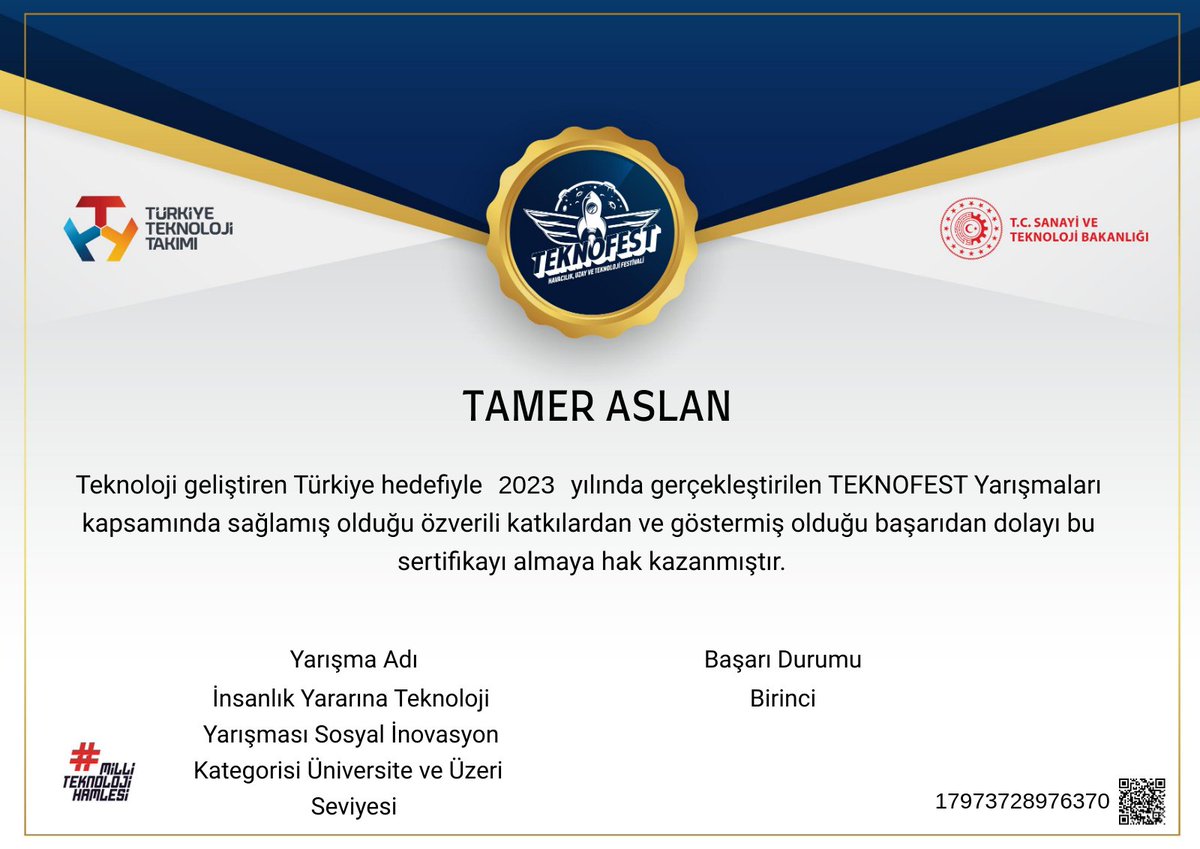 Teknofest doğrulananibilen sertifika fikrini hayata geçirmiş. Beğendim 👍.