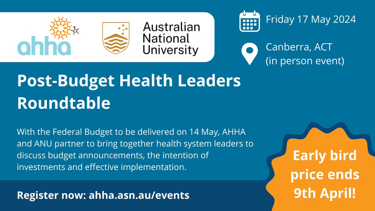 Join AHHA and ANU for an insightful Post-Budget Health Leaders Roundtable on May 17 in Canberra! Featuring 3 engaging panel sessions focusing on healthcare affordability, access and equity, and Closing the Gap. Early bird pricing ending soon on April 9th! ow.ly/tFkn50R81xg