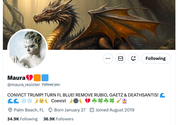 🚨🚨🚨🚨@maura_resister 🚨🚨🚨🚨
Maura Is An Awesome Resister Working Hard To Turn The Sunshine State Blue !! I Saw DeathSantis In Her Bio And Knew Immediately We Would Get Along ! Needs 40 True Blues To 37,000 !! Let's Do It !!team-
  @mari_moxy  @IAM_Free2BeMe @Blondeandcraxy1