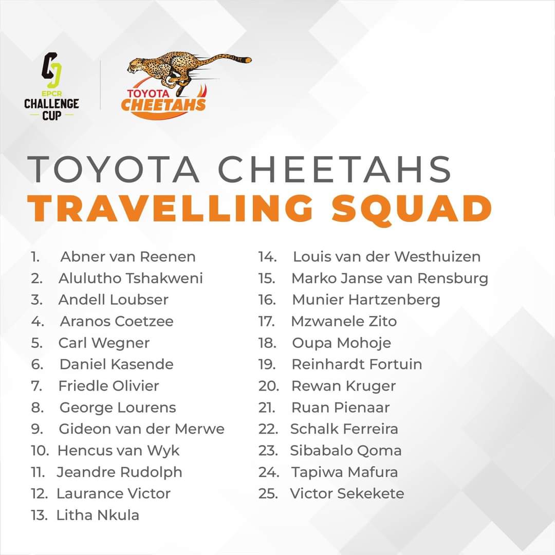 Touring squad for Saturday's game against Clermont. 🤝 🐆

#EPCRChallengeCup 
Toyota SA
#GlobalSportsNews

©️ The Cheetahs