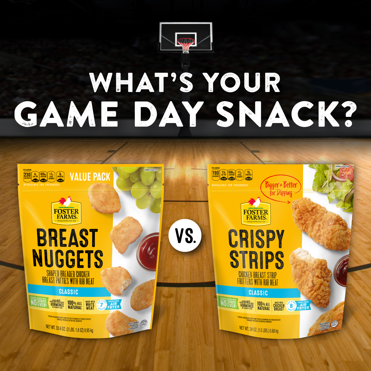 Team Chicken Strips or Team Nuggets? It's game day, and we know you're not playing when it comes to snacks! Let us know your pick below. 🏀 #fosterfarms #gameday #basketball #basketballgame #gamedaysnacks #appetizers #easymeals #crispystrips #chicken #chickennuggets #nuggets