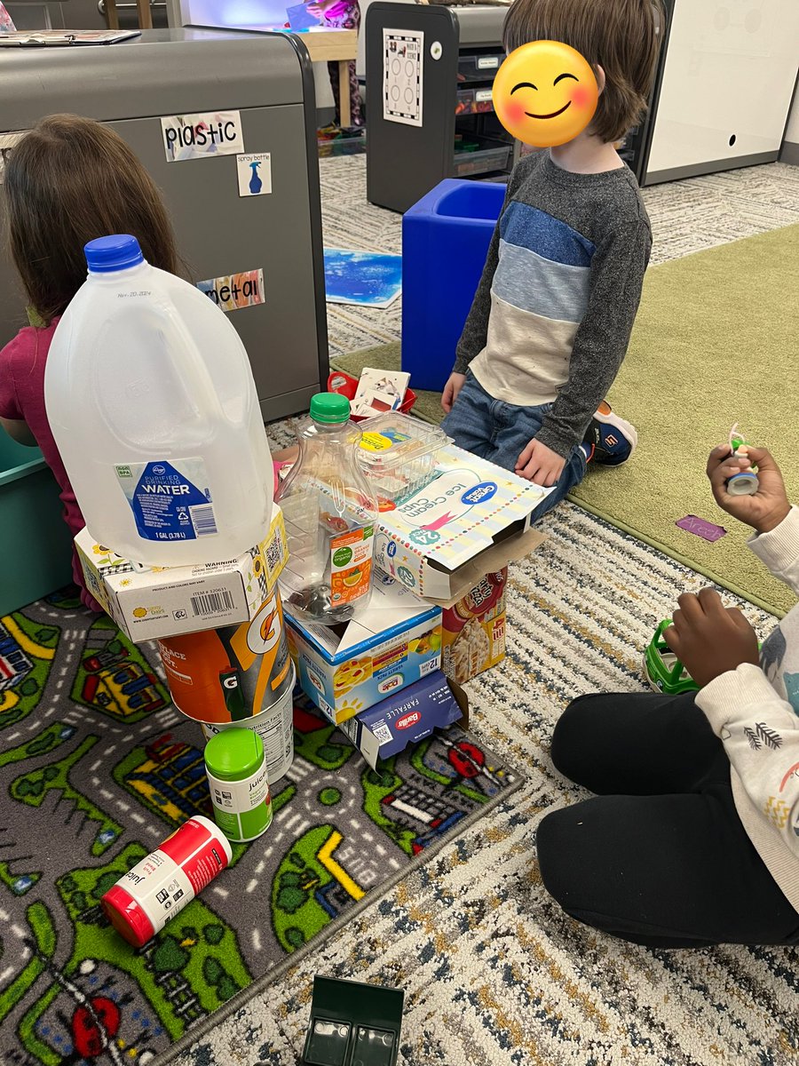 Learning about taking care of the Earth @PISDCalhoun by sorting recycling and building with trash! #purposefulplay #PlayisLearning #prek