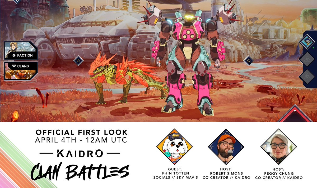 Get a first look at the Kaidro: Clan Battles game live with co-creators @pegchung and @Robert_O_Simons, with special guest @Phin_totten from @ronin_network. Get a peek into building a mech and battling the Void and Kaidro team members. Set your reminders 👇 April 5th - 12AM…