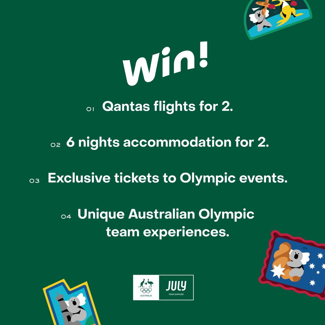 We’re partnering with the <a href="/AUSOlympicTeam/">AUS Olympic Team</a> to give 2 people a trip of a lifetime to the #Paris2024 Olympic Games! 

<a href="/Qantas/">Qantas</a> flights, accommodation, tickets, gear, luggage of course, and heaps more. 

So who are you taking?

Entries close the 19 April. july.com/au/olympics-gi…