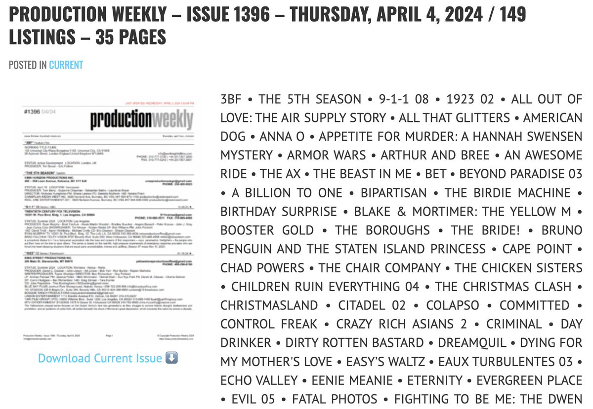 Production Weekly - Issue 1396 - Thursday, April 4, 2024 / 149 Listings - 35 Pages Download Current Issue ⬇️ productionweekly.com/production-wee…