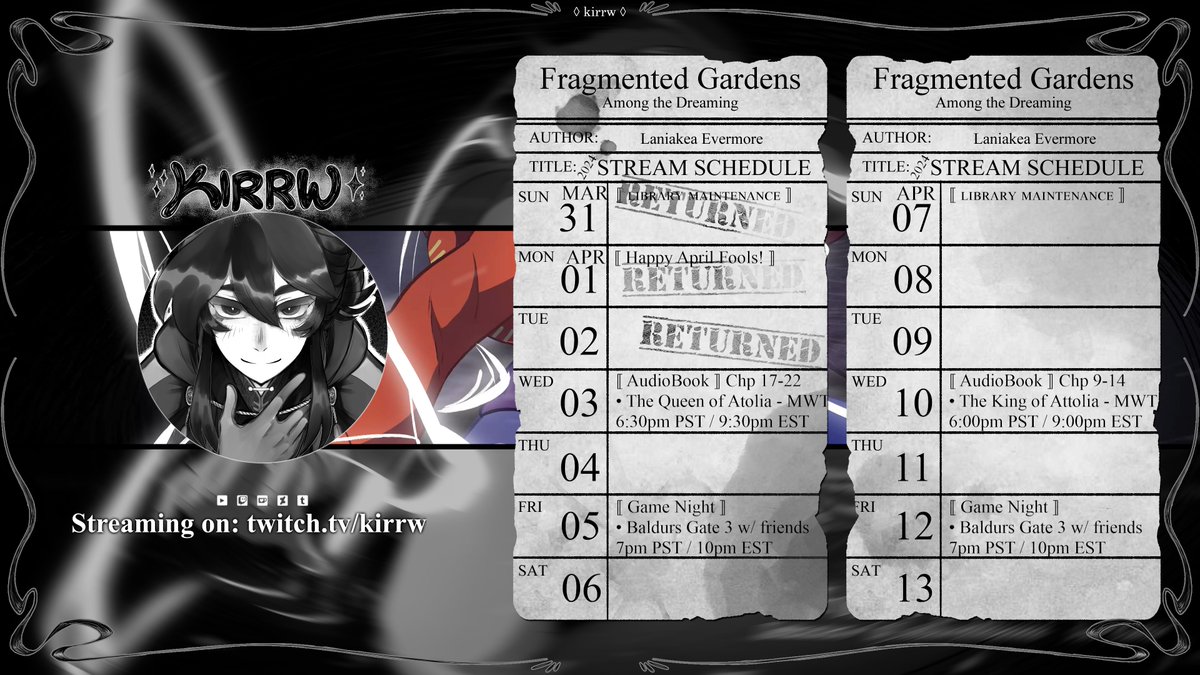 BWEHGH, Stream schedule?!
What's that?!

Stremin soon!

We're listening to the final 5 chapters of the Audio Book The Queen of Attolia by Megan Whallen Turner. Pop by if you're interested in work vibin with us other beans.

Hope to catch you there!~
twitch.tv/kirrw