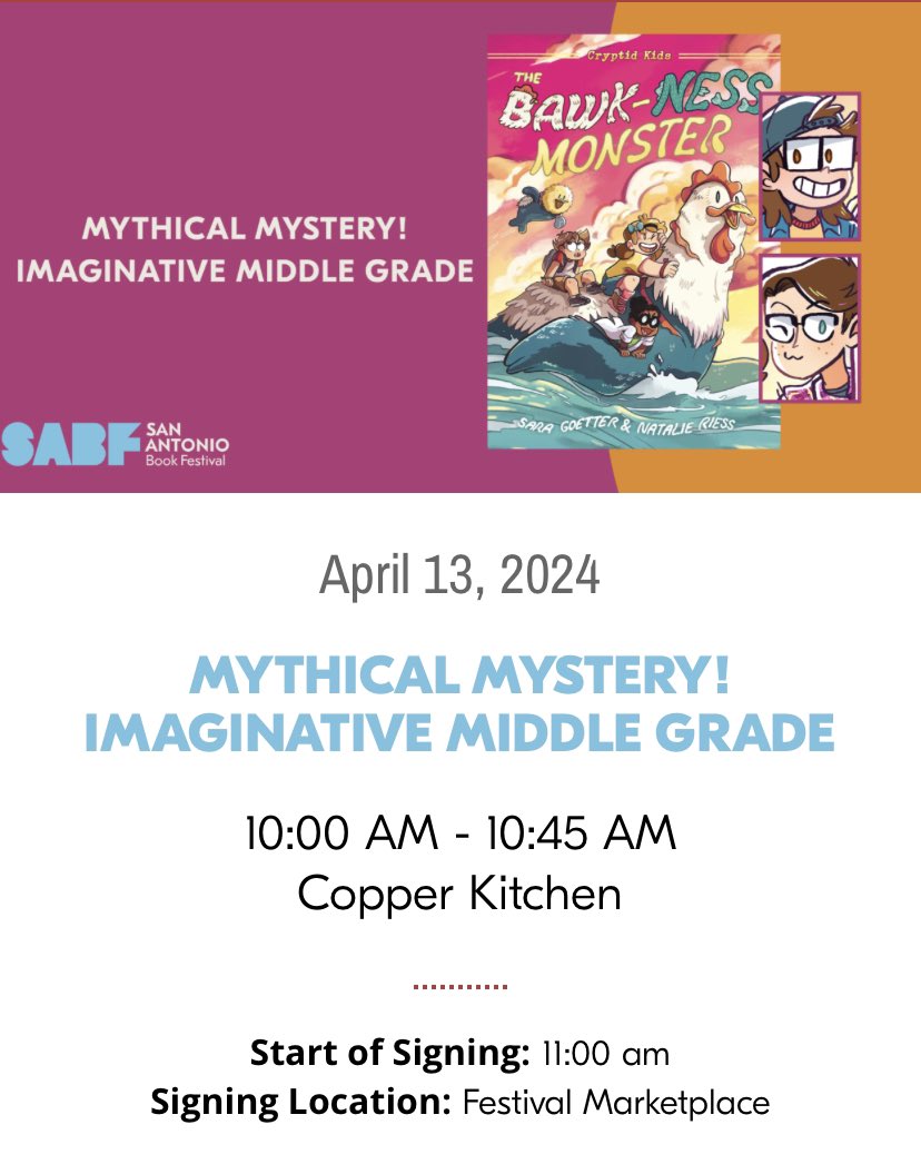 Natalie and I will ALSO be at the @SABookFestival on 4/13 where we'll have a panel, q&a and a signing at 10am!