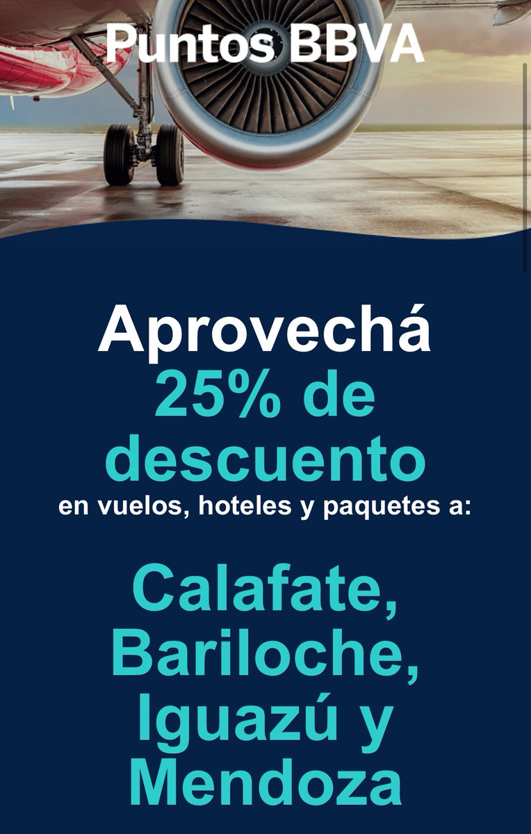 chicodlasmillas's tweet photo. Hay 25% off con puntos BBVA en vuelos, hoteles y paquetes a:

Calafate
Bariloche
Iguazú
Mendoza https://t.co/Ked3JX0F73