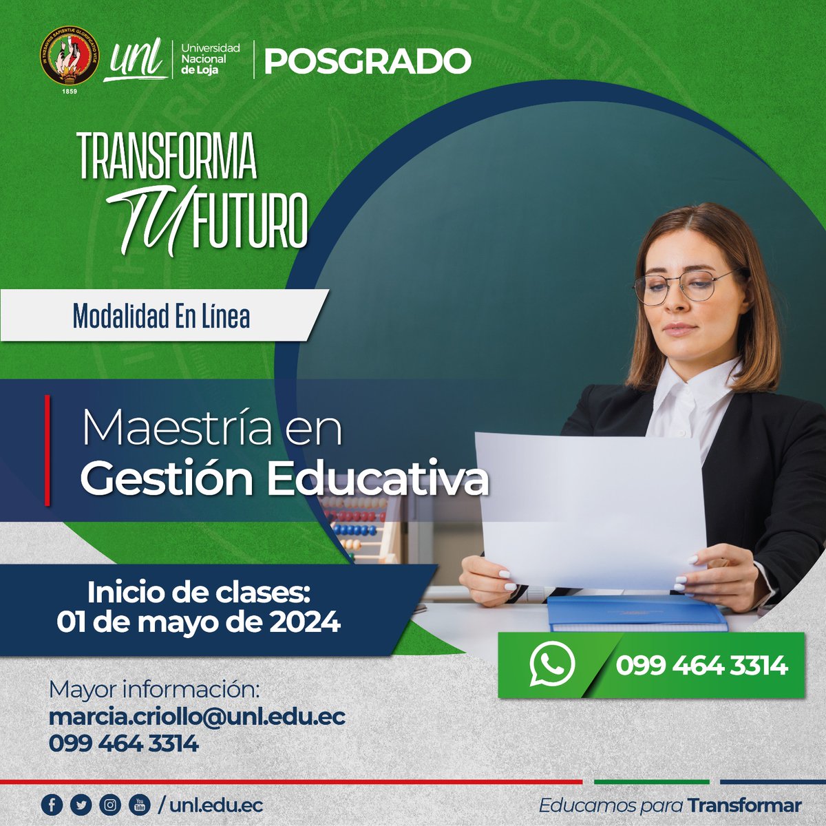 Transforma tu carrera con nuestra Maestría en Gestión Educativa" "¿Quieres marcar la diferencia en el mundo de la educación? Nuestra maestría te ofrece las herramientas y conocimientos para liderar proyectos educativos exitosos. ¡Postula hoy mismo!" unl.edu.ec/posgrados/maes…