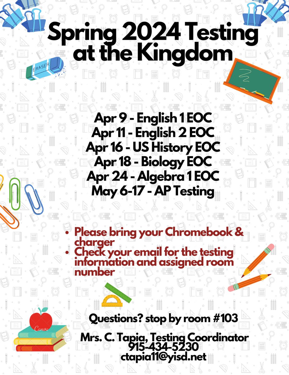 Knights‼️ We will kick off our testing season next week with our English EOC's. Check your email & locators around campus to find your testing room. IT IS EXTREMELY IMPORTANT to make sure your ChromeBook is fully functional. If you have issues with it, stop by the library.