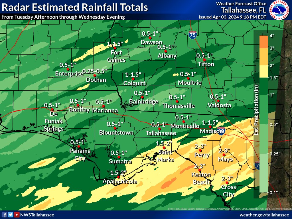 NWSTallahassee's tweet image. 4/4 9:15pm ET - If you live in the southeast Big Bend, you won the jackpot on the rain with a widespread 1.5 to 3 inches. 🌧️🎰

Most everywhere else saw a good 0.5 to 1.5 inches since Tuesday afternoon. How much rain fell where you live?

#ALwx #FLwx #GAwx