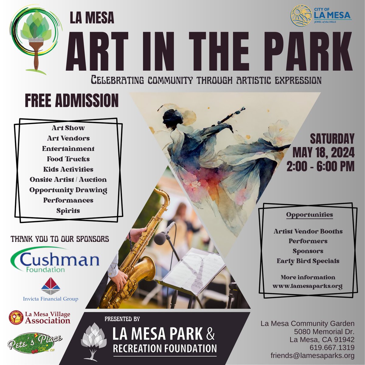 Call for artists, vendors, art enthusiasts, and performing artists! Sign up at lamesapark.org to participate, sponsor, or register for an early bird package to the event scheduled for May 18. For questions email friends@lamesaparks.org