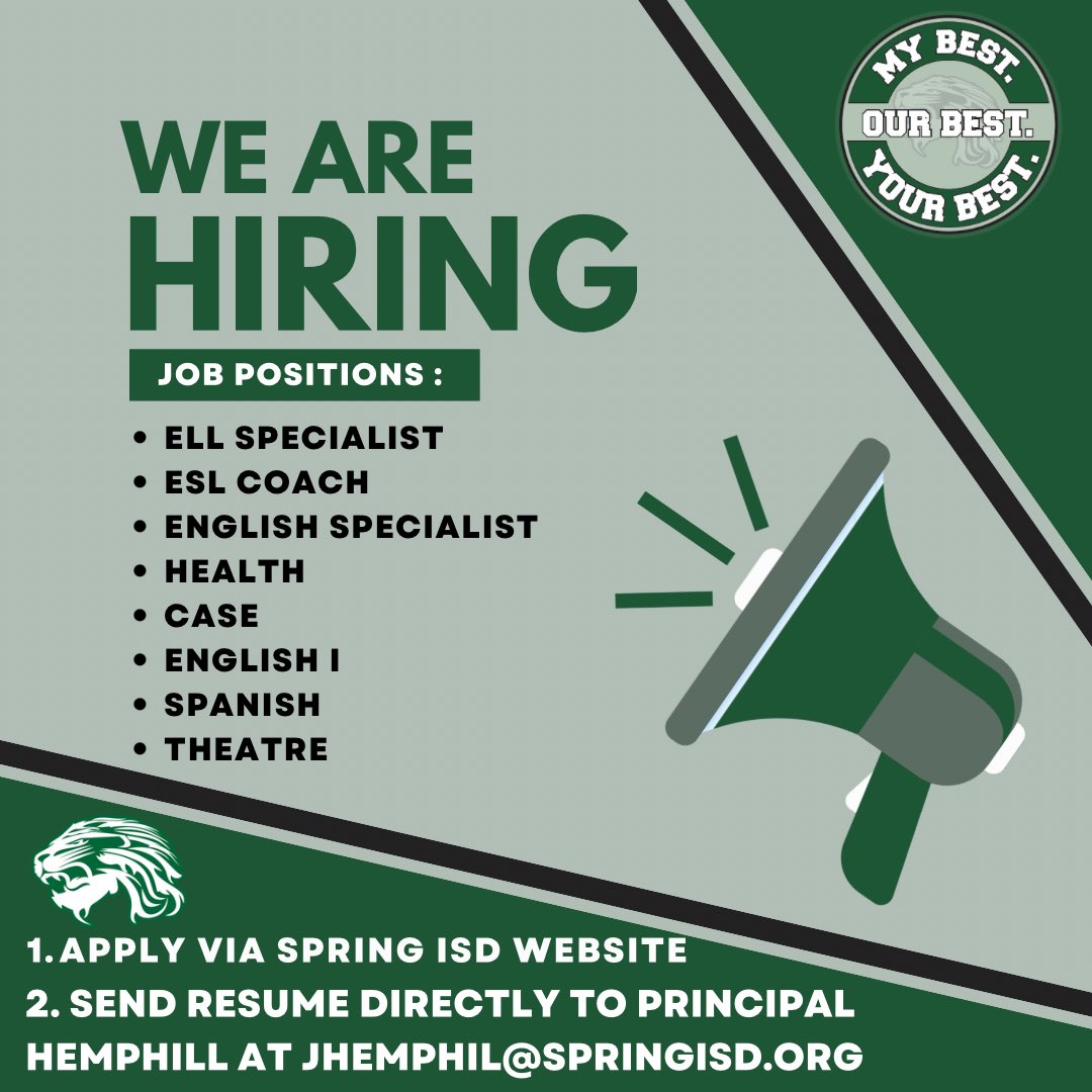 We are looking for motivated and passionate individuals to join our Spring Lion Pride! @SpringISD @SpringISD_Super @TraWalker3 @Jhemphill_SHS