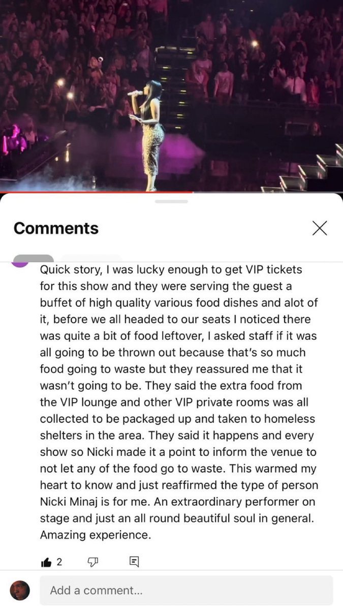 HARDWHlTE's tweet photo. Employees at Nicki Minaj’s tour revealed left over food from the VIP lounge is packaged and delivered after shows to local homeless shelters in the area per Nicki’s request. 🥹💖 https://t.co/vDD1w6DM10