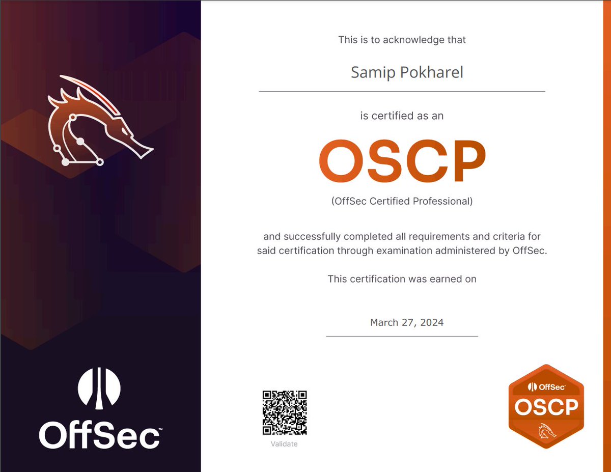 OSCP Certified! Thanks to @THREAT_CON for scholarship and @offsectraining for exceptional course content and the demanding labs and examination. It was indeed a remarkable adventure. #OSCP #oscpcert credential.net/f5150328-db98-…