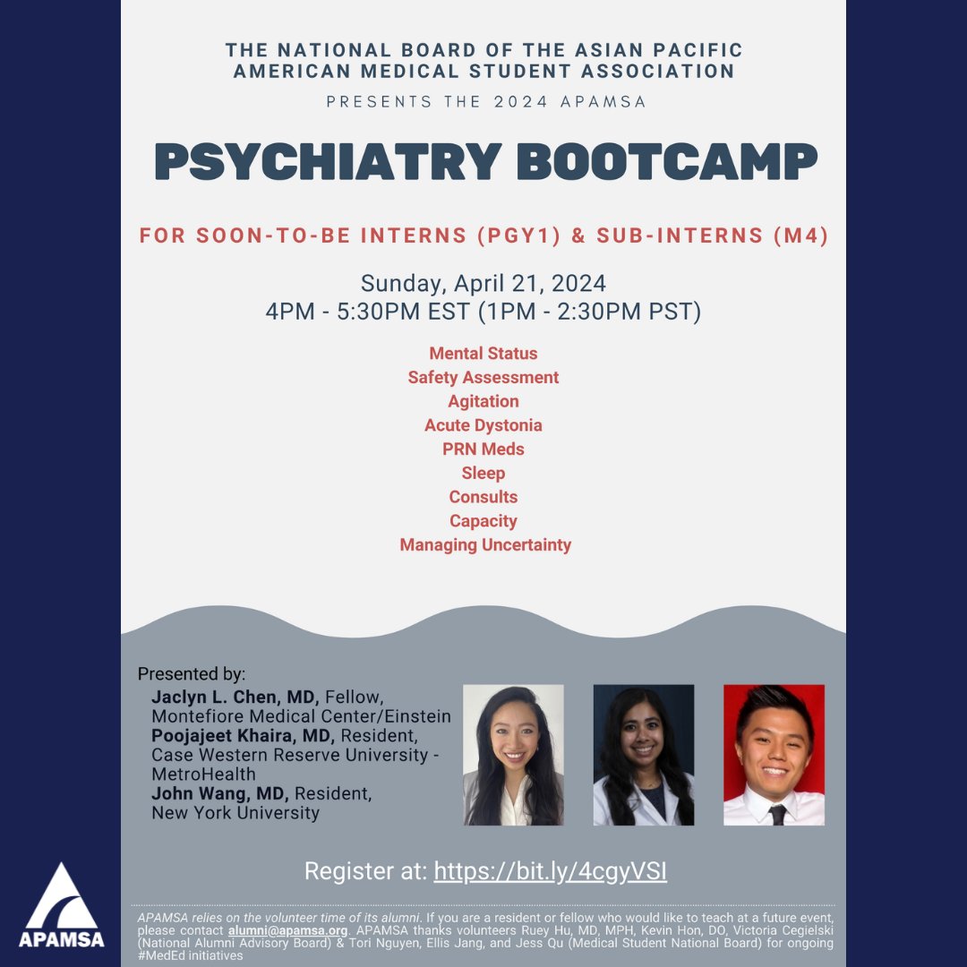 Join APAMSA on Sunday, April 21 10-11:30 AM ET for our Psychiatry Bootcamp. Our wonderful psychiatry residents and fellow will be covering high-yield topics, including mental status exams, agitation, capacity, and much more! Register now at bit.ly/4cgyVSI. #Psychiatry