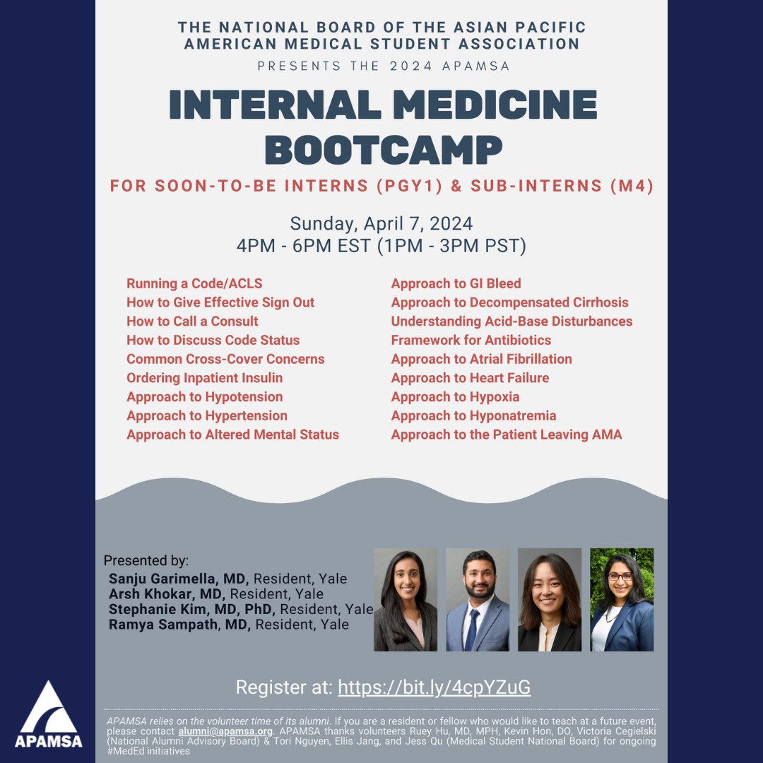 Join APAMSA on Sunday, April 7 at 4-6 PM ET for our Internal Medicine Bootcamp! Yale residents will be covering high-yield topics such as approaches to GI bleed, heart failure, altered mental status, and so much more! Register now at bit.ly/4cpYZuG. #internalmedicine