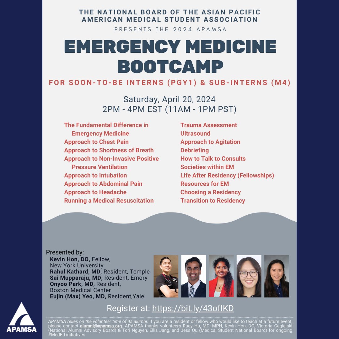 Join APAMSA on Saturday, April 20 at 2-4 PM ET for our Emergency Medicine Bootcamp! Learn about resources for EM, how to approach high-yield cases like chest pain and headache, and talk with our speakers, from EM interns to a fellow! Register now at bit.ly/43ofIKD. #em