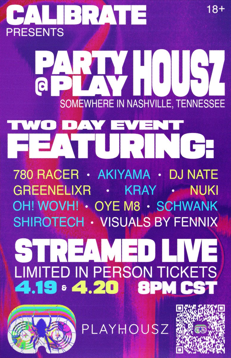 I am excited to announce @CalibrateVR's next event: a two day house party with friends in Nashville, Tennessee! 🥳 🗓️: 4/19 & 4/20 🎟️: eventbrite.com/e/playhousz-41… 📹: twitch.tv/playhousz 🖼️: Poster by @reiimusic