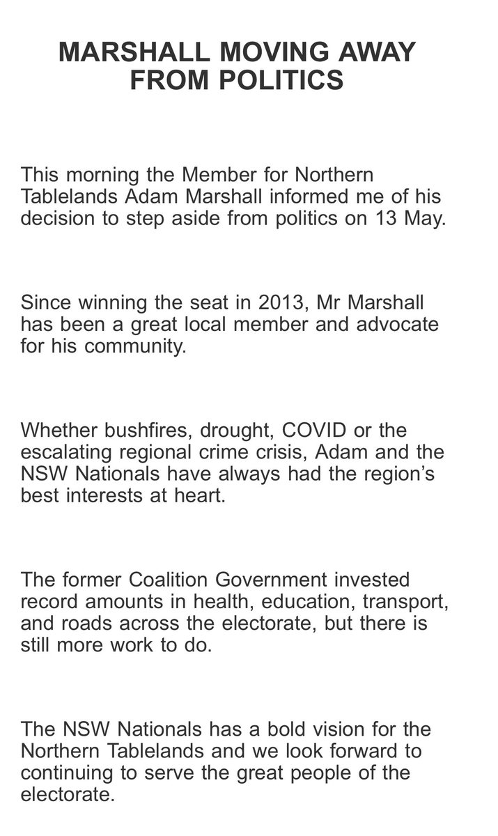 NSW Nationals MP & former minister Adam Marshall to leave Parliament. By-election to follow in Northern Tablelands… the safest seat in the state. @9NewsSyd #nswpol