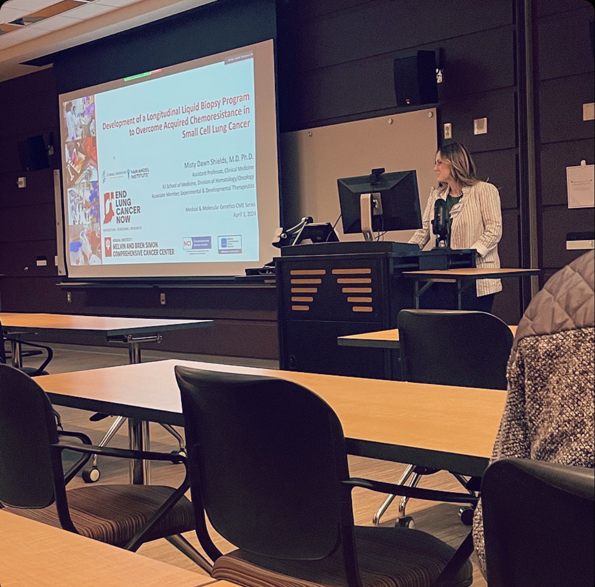 Thank you to the @iugradschool #medicalmoleculargenetics program for the invitation to speak at the seminar series on @TheShieldsLab research, “Development of a longitudinal liquid biopsy program in small cell lung cancer” #MACROS #liquidbiopsy #ngs #SCLC #LCSM @IUCancerCenter