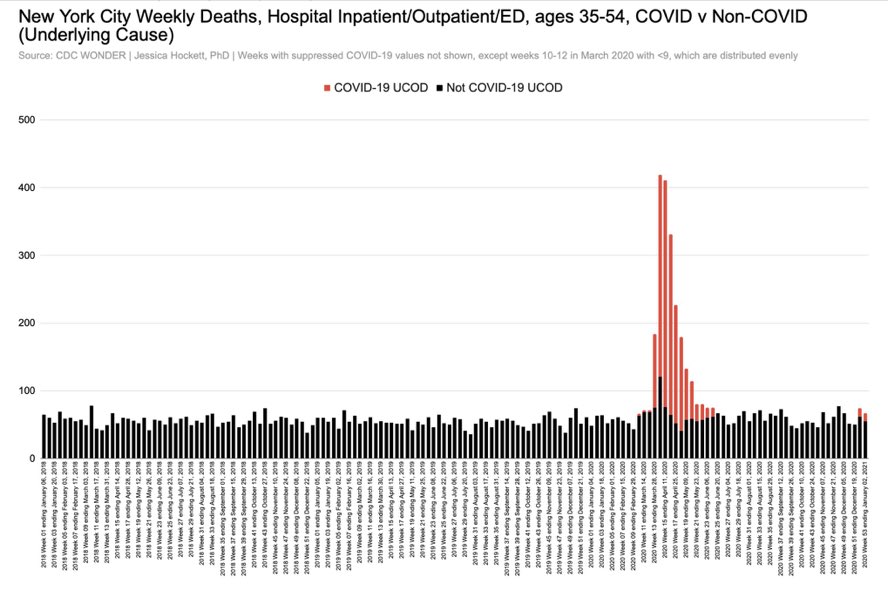 These are spring 2020 younger adult deaths in NYC hospitals. Deaths blamed on COVID-19 in red Real? Fake? Fraud? All of the above? @PierreKory said no investigation is needed. I disagree.