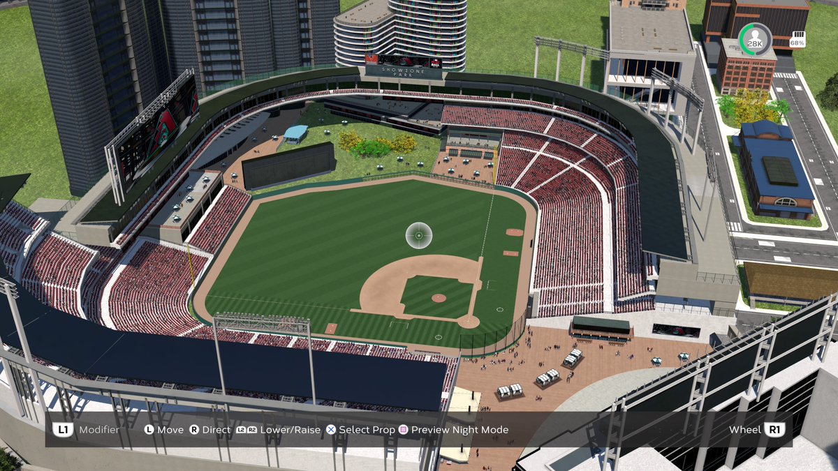 mlbtheshowzone's tweet photo. ShowZone Park is now available!

ShowZone Park is a modern marvel of stadium design, tailored to provide unique and unforgettable experiences for fans. Picture the excitement of watching the game from directly behind home plate, where every pitch and play is a pulse-pounding spectacle.

Encircling this vibrant heart of the stadium is the luxurious "Ring of Suites." This feature seamlessly connects the left and right-field concourses, offering fans a blend of comfort and exclusivity.

Adjacent to this architectural gem, our elegant hotels present yet another facet to the fan experience. Guests can savor the game directly from their rooms or immerse themselves in the ambiance on the patios, each offering a magnificent view of the field.

ShowZone Park transcends the conventional. Its design incorporates an oversized batter's eye set against a dark, shaded backdrop, enhancing both the game's integrity and the stadium's aesthetic appeal. ShowZone Park is not just a venue; it's a celebration of sports, luxury, and innovative design, all woven together to create experiences that linger long after the final inning.

Dimensions 340/400/330

Available in the vault in two elevations:
- "ShowZone Park 2024" (420' Elevation)
- "ShowZone Park 2024 MAX" (Max Elevation)

More pictures in the comments. Built in collaboration with @Cpt_Tatertot.