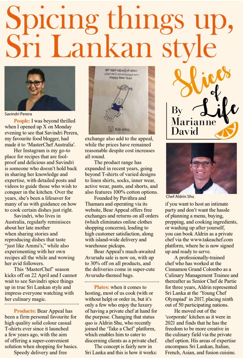 My 'Slices of Life' column today turns to Savindri Perera who's spicing things up on MasterChef, Bear Appeal and its Avurudu sale, and Aldrin Shu who's helping hosts elevate dining experiences as a private chef ✨🥳
<a href="/PhuckYou_/">Sav Perera 🥭</a> <a href="/bearappeal/">Bear Appeal</a>
Read here
themorning.lk/articles/U2eeJ…