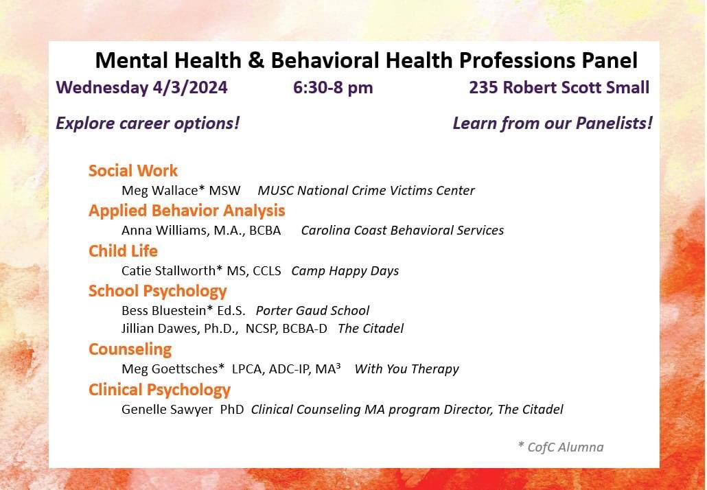 It’s one of my fave nights of the year: getting to go back to the campus where it all started @CofCPsyc @CofC to sharing my love for my profession and the amazing work I get to do at @MUSCpsychiatry @MUSChealth ! #socialwork
