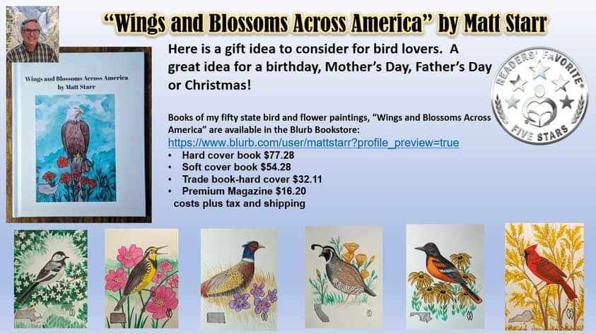 My state bird and flowers book would be a great gift for bird lovers.   My book options and magazine are available in the Blurb Bookstore: blurb.com/user/mattstarr…
#mattstarrfineart #gift #giftideas #art #BlurbBooks #book #books #nature #bird #birds #flower #flowers #animals