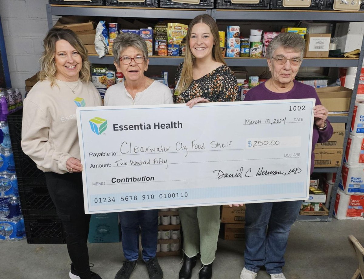 Kudos to Essentia Health's Fosston Community Engagement Committee for helping make a healthy difference! In March, they voted to support the Clearwater County Food Shelf in Bagley, Minnesota, with a monetary donation as part of Minnesota’s Food Share Month. #TogetherWeThrive