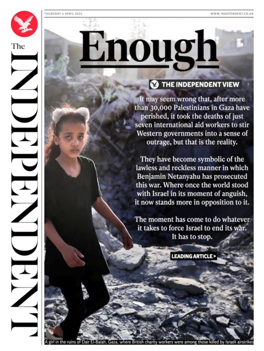 FRONT PAGE IN THE UK

“The moment has come to do whatever it takes to force Israel to end its war. It has to stop.”