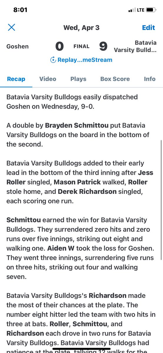 Brayden Schmittou (@braydenschmitt5) on Twitter photo #3 Career No-Hitter:
5 IP, 0 H, 0 R, 0 ER, 1 BB, 8 SO
Pitches-Strikes: 62-46 (74%)
Couldn't have done it without my teamates, and especially my catcher (<a href="/max_mehlman/">Max Mehlman</a> ) who called the game!!
<a href="/pfflyersbeisbol/">PFFlyersBaseball</a> <a href="/PFFlyers2026/">PFFlyers2026</a>
<a href="/Bulldog_BBall/">Batavia Baseball</a> <a href="/FlatgroundApp/">FLATGROUND Pitching</a> <a href="/PrepBaseballOH/">Prep Baseball Ohio</a> <a href="/weldyprep/">Kyle Weldon</a> #3 Career No-Hitter:
5 IP, 0 H, 0 R, 0 ER, 1 BB, 8 SO
Pitches-Strikes: 62-46 (74%)
Couldn't have done it without my teamates, and especially my catcher (<a href="/max_mehlman/">Max Mehlman</a> ) who called the game!!
<a href="/pfflyersbeisbol/">PFFlyersBaseball</a> <a href="/PFFlyers2026/">PFFlyers2026</a>
<a href="/Bulldog_BBall/">Batavia Baseball</a> <a href="/FlatgroundApp/">FLATGROUND Pitching</a> <a href="/PrepBaseballOH/">Prep Baseball Ohio</a> <a href="/weldyprep/">Kyle Weldon</a>