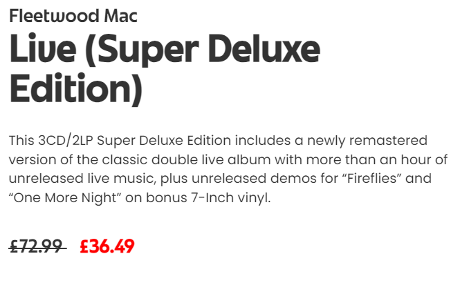 50% OFF! - Fleetwood Mac Live (Super Deluxe Edition). 3CD/2LP includes a newly remastered version of the classic double live album with more than an hour of unreleased live music, + unreleased demos for “Fireflies” & “One More Night” on bonus 7' #vinyl shop.thisisdig.com/gb/search/?q=f…