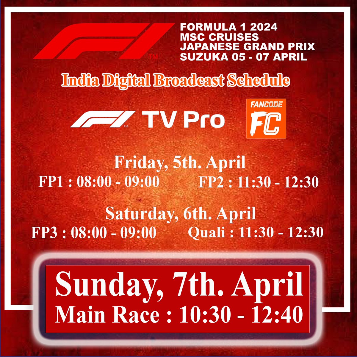 Here's the @MSCCruises_PR #JapaneseGP 🇯🇵 @F1  #IndiaDigitalBroadcastSchedule 🇮🇳via #F1TVPro and #FanCode 

#F1 #Japan #Suzuka @F1Media @fia @JapaninIndia @fmsci @FanCode #IndianF1Fans #India