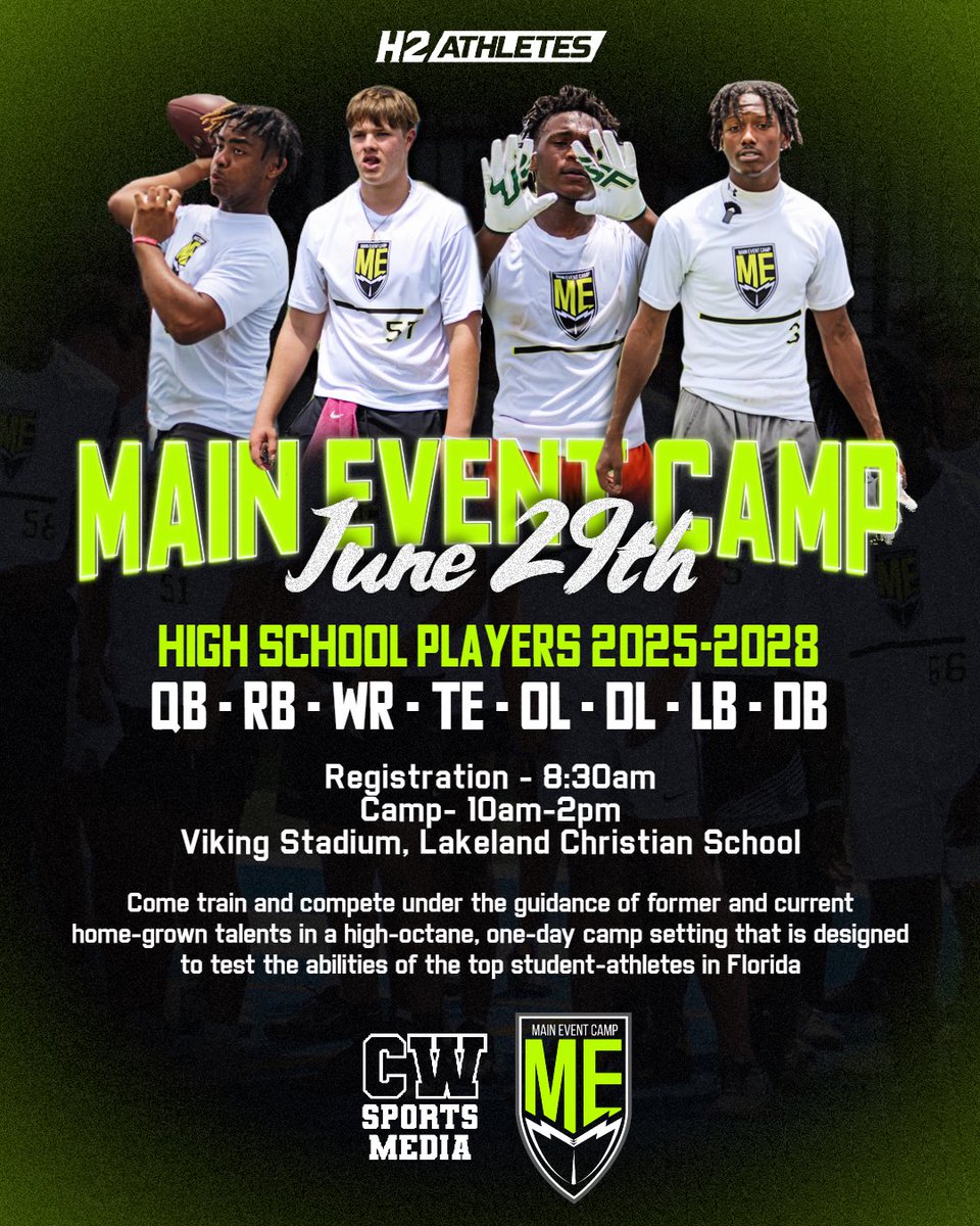 All Eyes On ME at The Main Event Camp! Year 5! Saturday, June 29, 2024! 8:30AM Check-In | 10AM-2PM Camp 1111 Forest Park St, Lakeland, FL 33803 Early Registration Discount Ends May 31, 11:59PM. 🔗 TheMainEventCamp.com