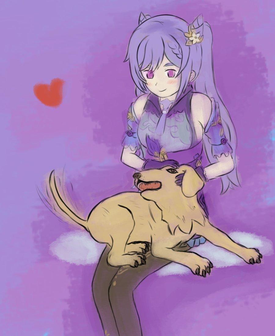 I suddenly realised it was past 2am, so I didn't have time to do any proper colouring, but I was happy with how this art was going, so I did some basic "splat some kinda colour on it and call it a temporary job" colours, and here's a Keqing with a pupper!