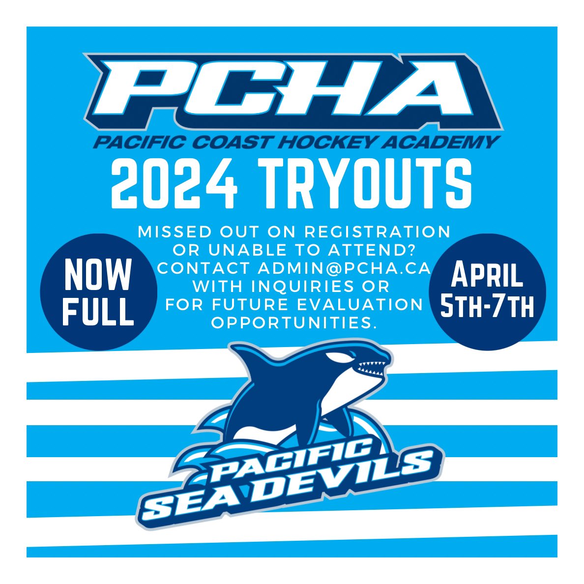 2024 #PCHA Tryouts are officially FULL! We look forward to seeing everyone this weekend. 🐳 #goseadevilsgo (Please email: admin@pcha.ca with any inquiries or for other potential evaluation opportunities.)