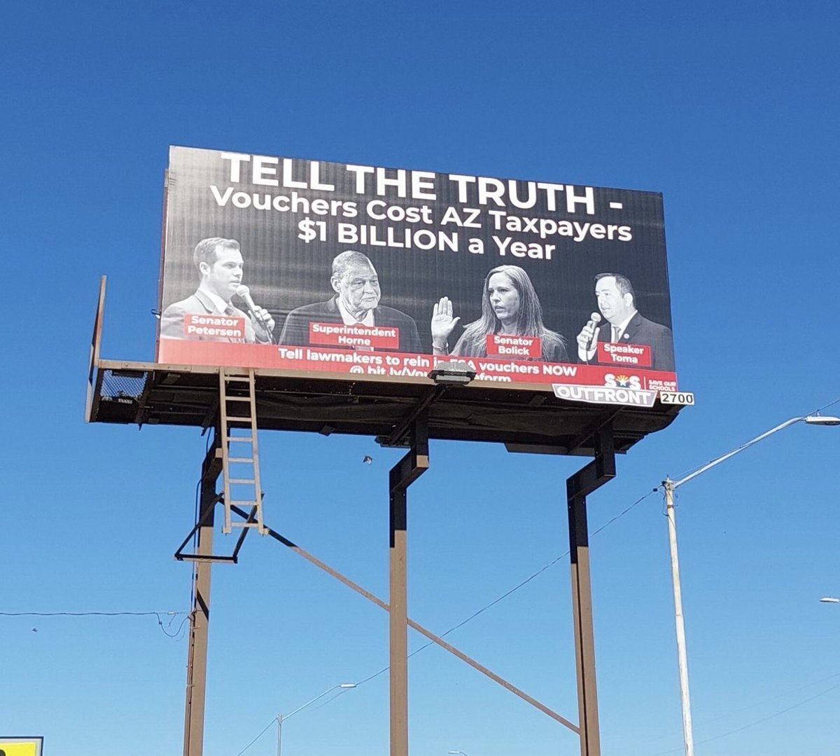arizona_sos's tweet photo. 👀 NEW: We demand lawmakers TELL THE TRUTH — #vouchers cost AZ taxpayers $1 Billion per year! @RepBenToma @votewarren @RealTomHorne @ShawnnaLMBolick

🔥 This is right near the AZ State Capitol! Donate to put up more billboards at https://t.co/rfUMsfYLwd https://t.co/JCQzXrkbZG